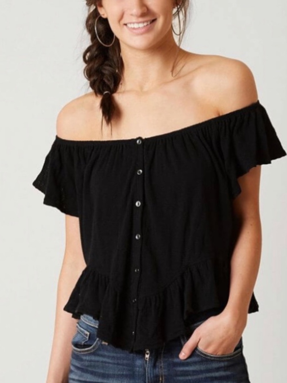 We The Free Black Off-Shoulder Ruffle Button-Front Top - Picture 1 of 3